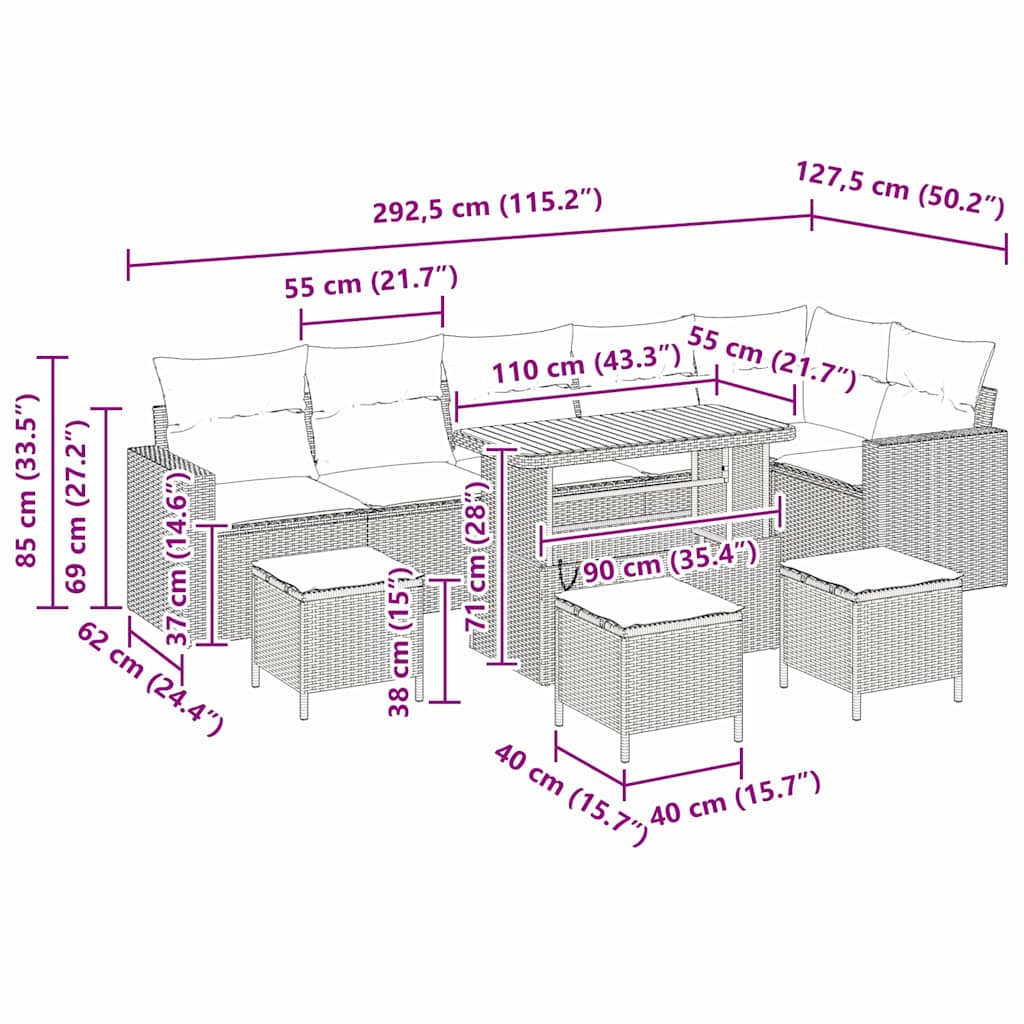 vidaXL 10 κομμάτι Σαπούνι Κήπου με Μαξιλάρια Γκρι Ρατάν Ακακία
