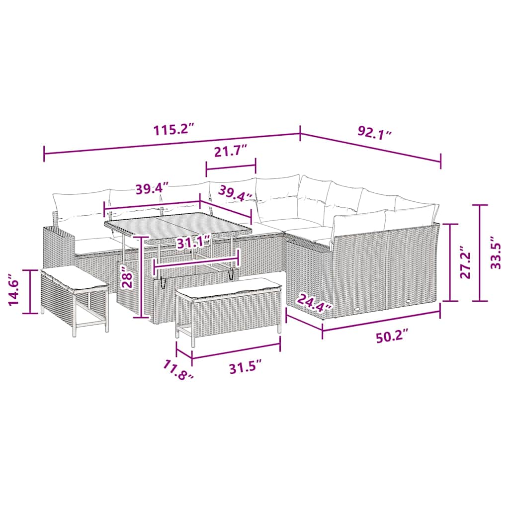 Σετ 12 Τεμαχίων Καναπέ Κήπου με Μαξιλάρια Μαύρο Πολυ Ρατάν Ακακία