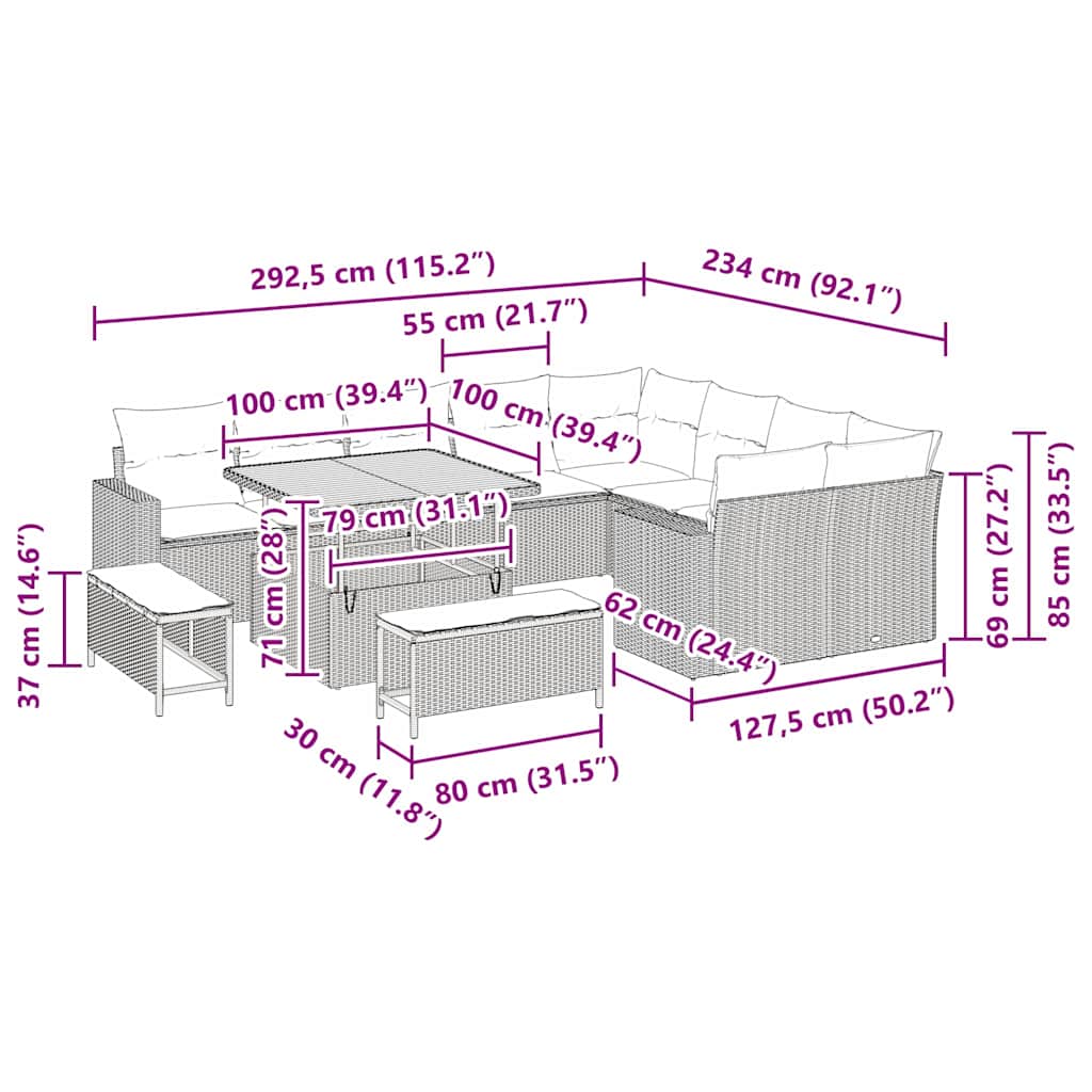 vidaXL 12 Τεμαχίων Σετ Σαλονιού Κήπου με Μαξιλάρια σε Μπεζ Πολυ Ρατάν Ακακία