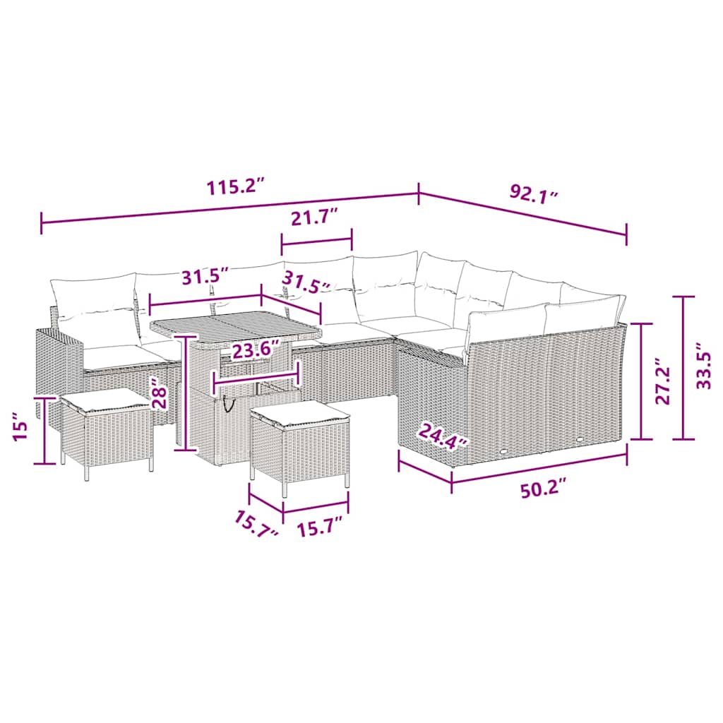 vidaXL Σετ Σαλονιού Κήπου 12 Τεμαχίων με Μαξιλάρια Μαύρο Πολυ Ρατάν Ακακία