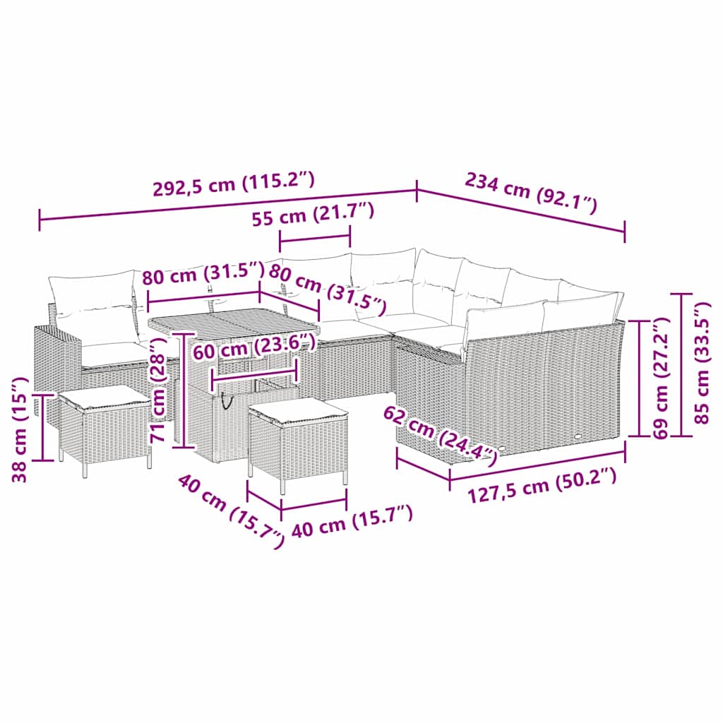 vidaXL Σετ Καναπέ Κήπου 12 Τεμαχίων με Μαξιλάρια Μπεζ Πολυ Ράτανα Ακακία