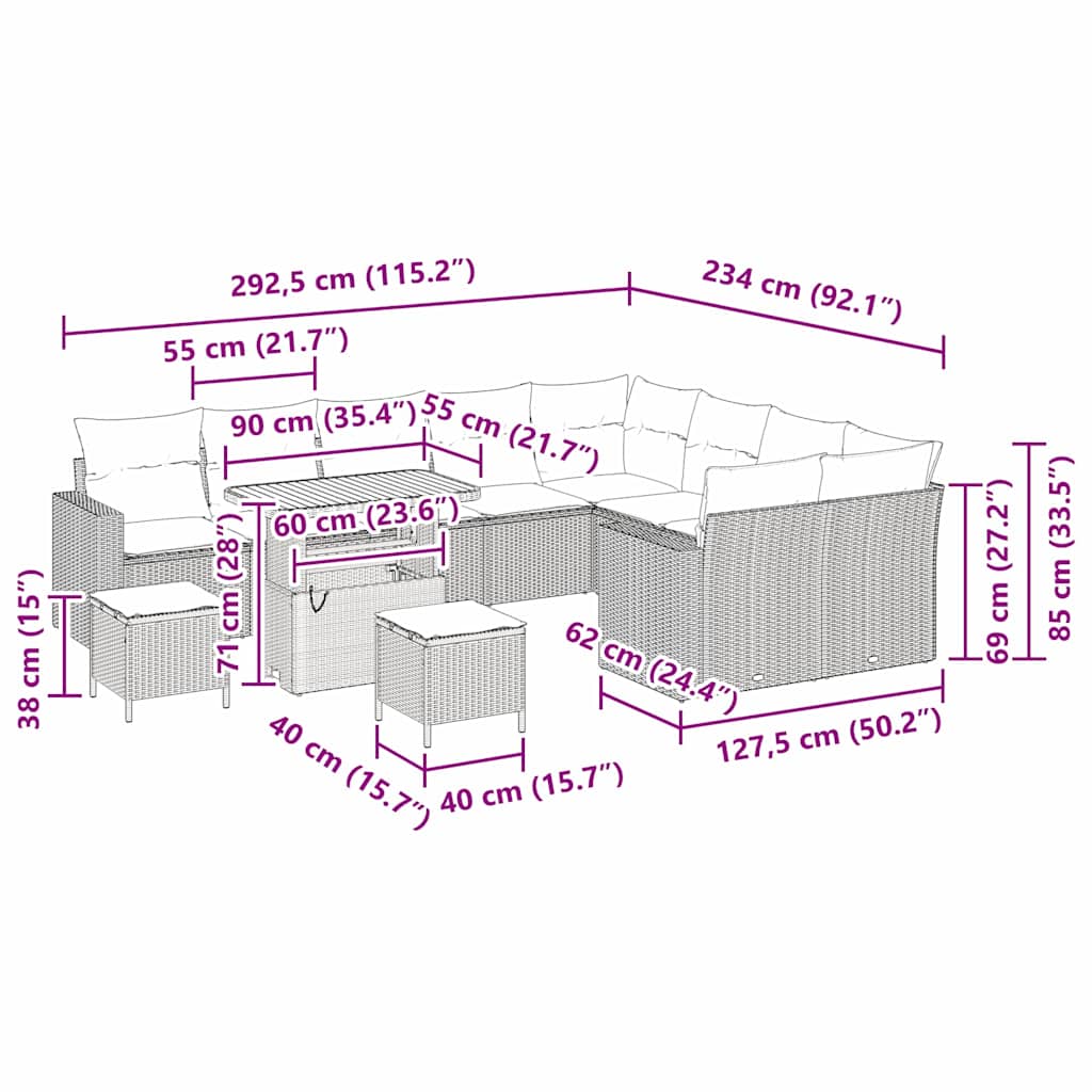 vidaXL Σετ 12 κομματιών Καναπέ Κήπου με Μαξιλάρια σε Μπεζ Πολυ Ρατάν