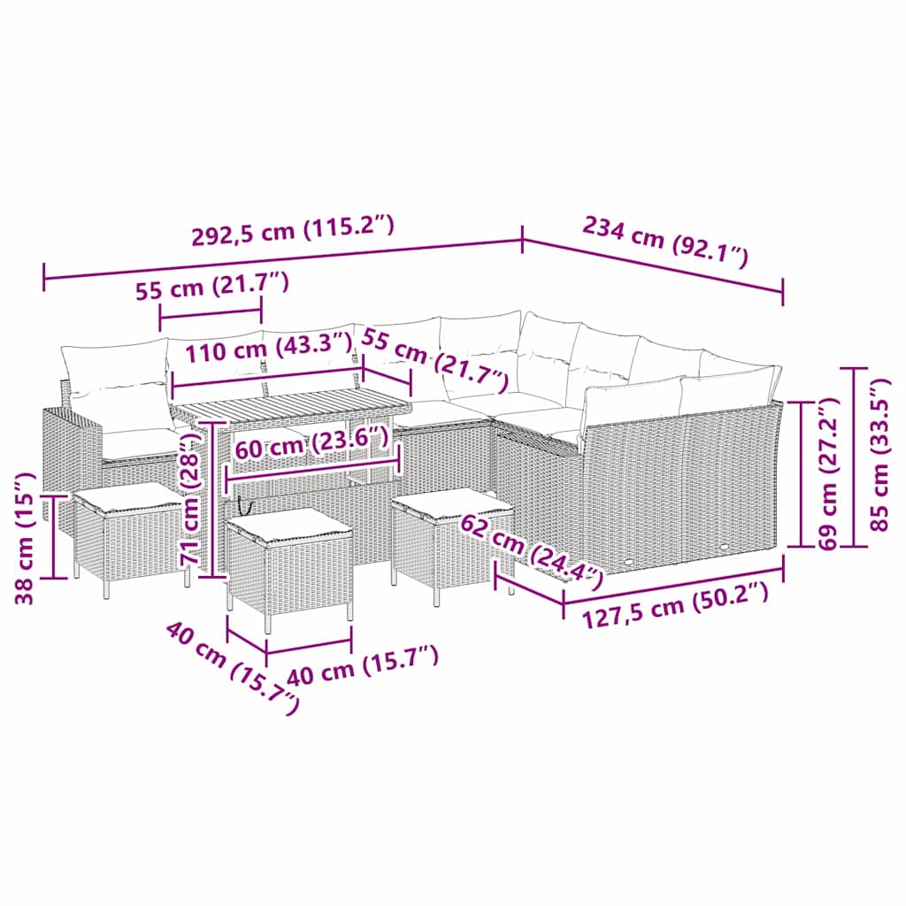 Σετ καναπέ κήπου 13 κομματιών με μαξιλάρια μπεζ πολυ ρατάν ακακίας