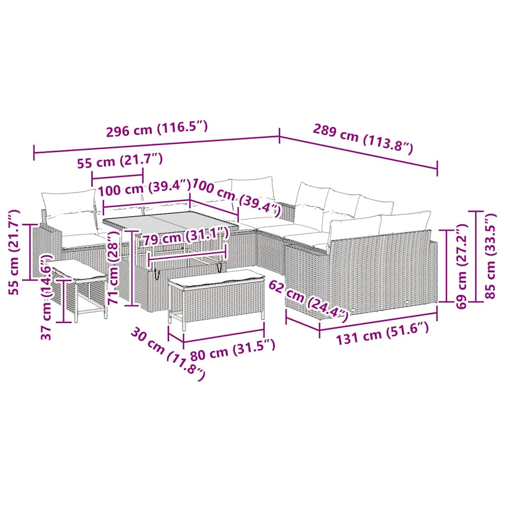 Σετ Σαλονιού Κήπου 13 Τεμαχίων με Μαξιλάρια Μπεζ Πολυ Ρατάν Ακακία