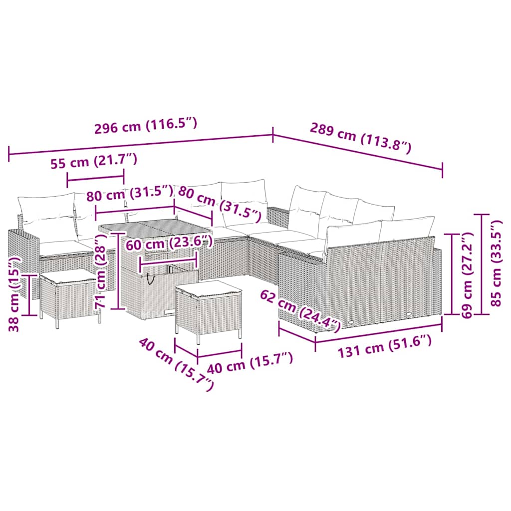 Σετ 13 τεμαχίων καναπέδων κήπου με μαξιλάρια Μαύρο Πολυρατάν Ακακία