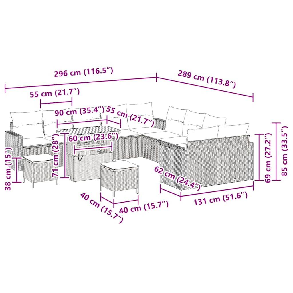 vidaXL Σετ Καναπέ Κήπου 13 Τεμαχίων με Μαξιλάρια Μπεζ Πολυ ρατάν Ακασίας
