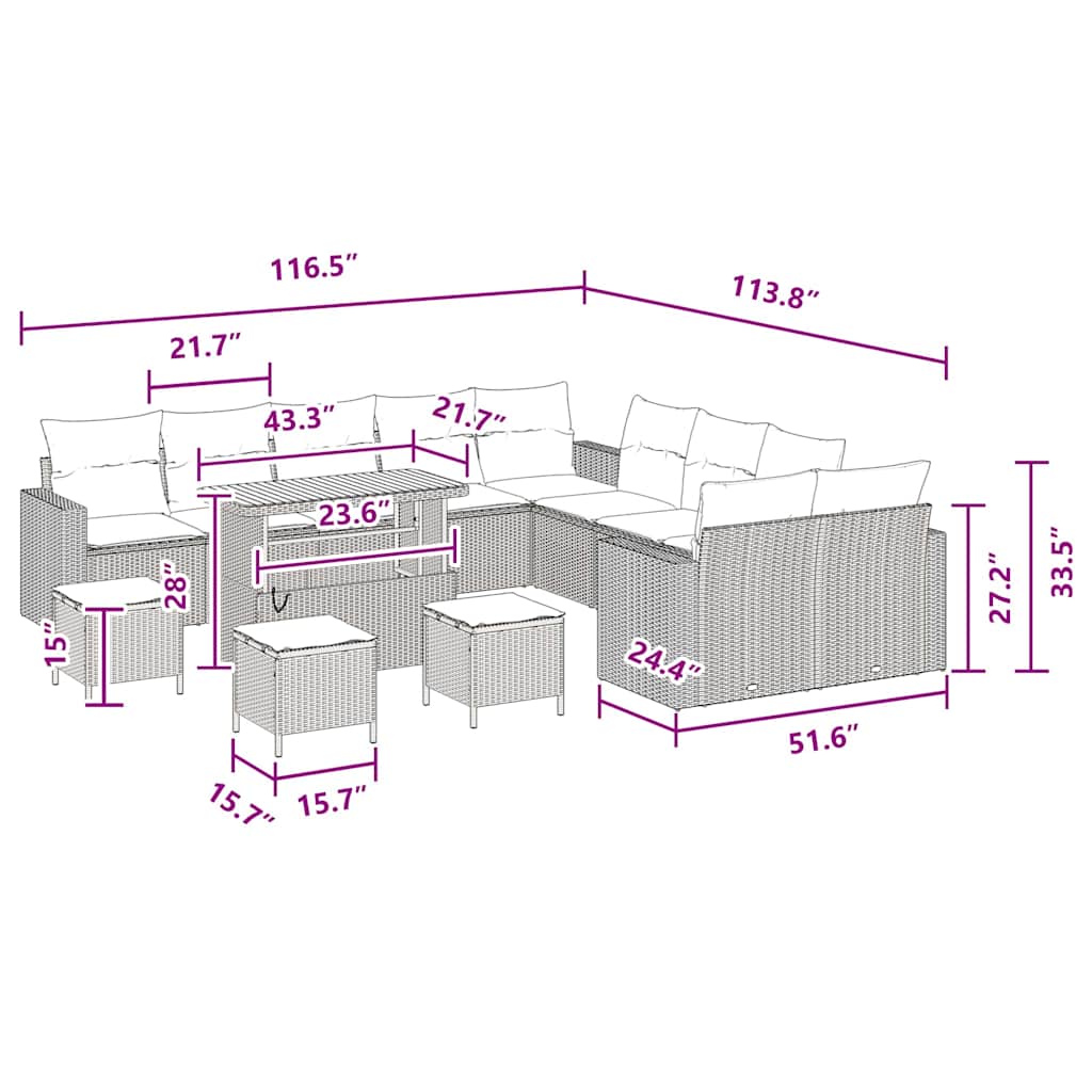 Σετ Καναπέδων Κήπου 14 Τεμαχίων με Μαξιλάρια Μαύρο Πολυ Ρατάν Ακακία