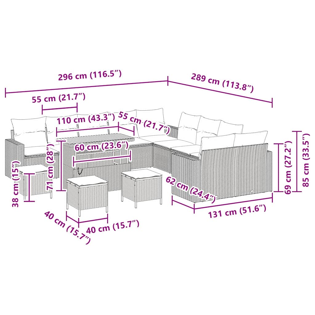 vidaXL 14 κομμάτια σετ καναπέ κήπου με μαξιλάρια Μαύρο Πολυ Ρατάν Ακακία