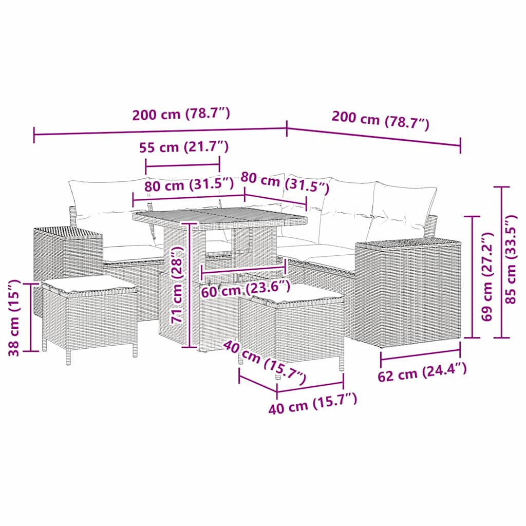 Σετ Καναπέ Κήπου 8 τεμάχια με Μαξιλάρια Μαύρο Ρατάν Πολυεστέρα Ακακία