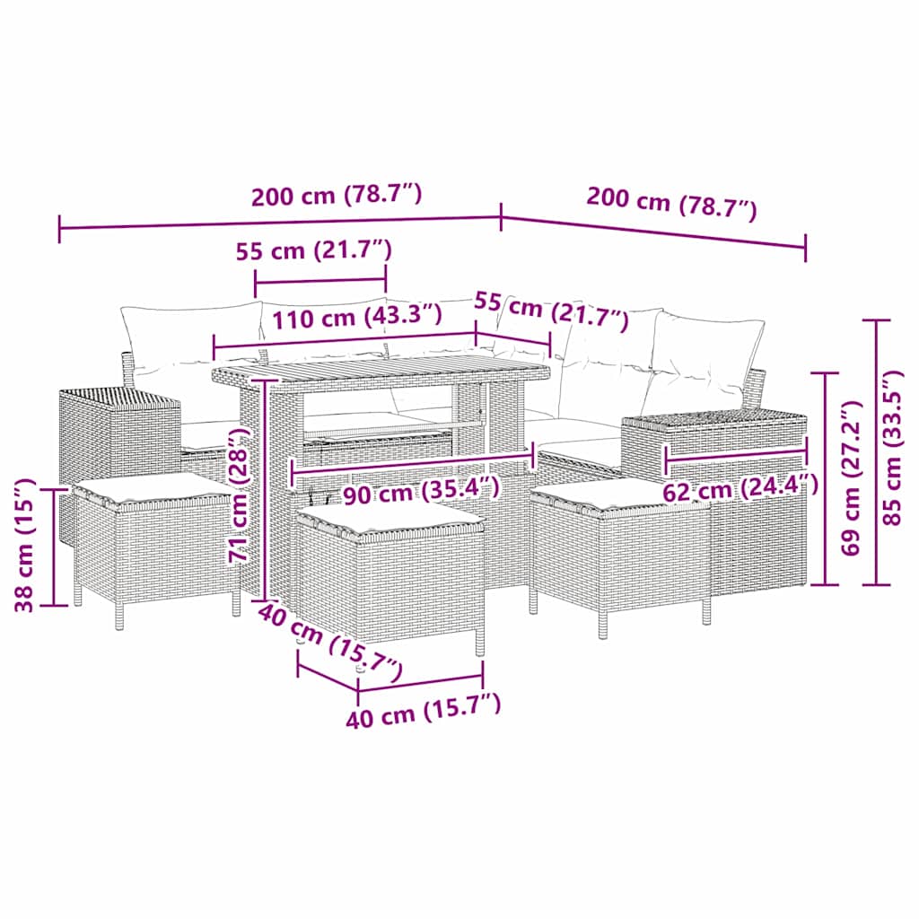 vidaXL Σετ Καναπέ Κήπου με μαξιλάρι 9 pcs Γκρι συνθετικό ρατάν