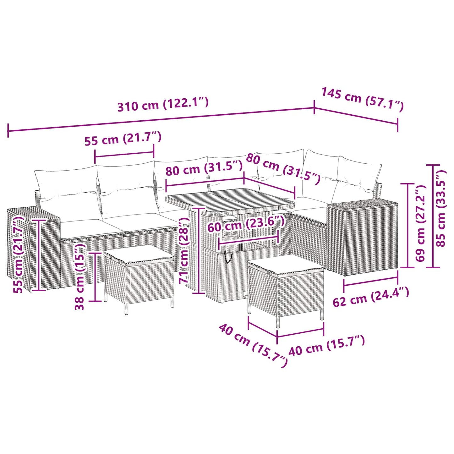 vidaXL Σετ Καναπέ Κήπου 9 pcs Μαύρο συνθετικό ρατάν