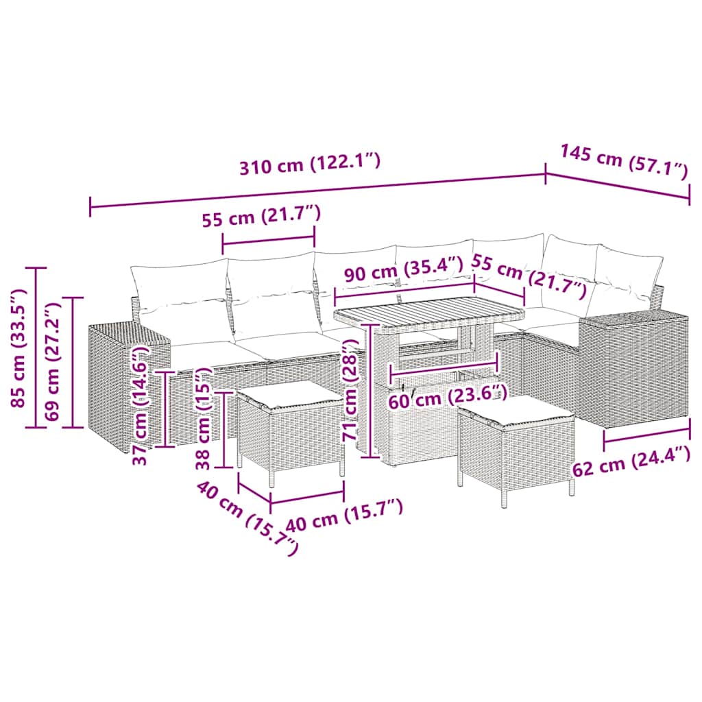 vidaXL Σετ καναπέ κήπου 9 κομματιών με Μαξιλάρια Γκρι Πολυ Ρατάν