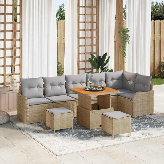 vidaXL Σετ Καναπέ Κήπου με μαξιλάρι 9 pcs Μπεζ συνθετικό ρατάν