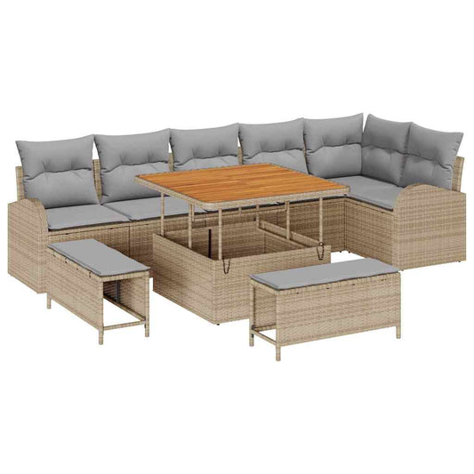 vidaXL Σετ Καναπέ Κήπου με μαξιλάρι 9 pcs Μπεζ συνθετικό ρατάν