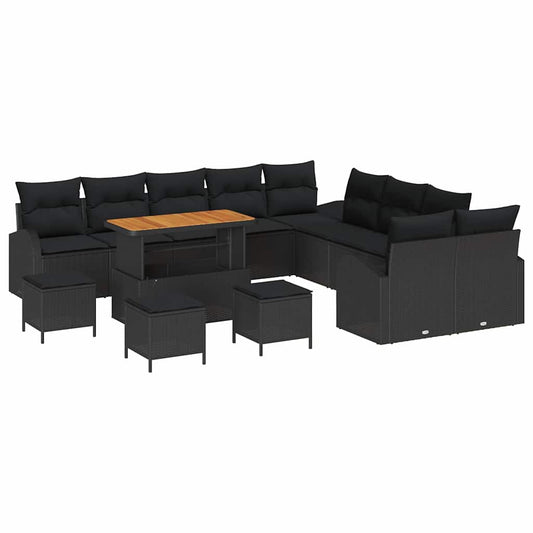 Set Καναπέ Κήπου vidaXL 14 Τεμαχίων με Μάξιλα Μαύρο Συνθετικό Ρατάν Ακακία