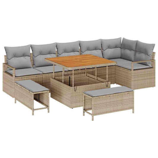 vidaXL Σετ Καναπέ Κήπου με μαξιλάρι 9 pcs Μπεζ Πολυ ράταν