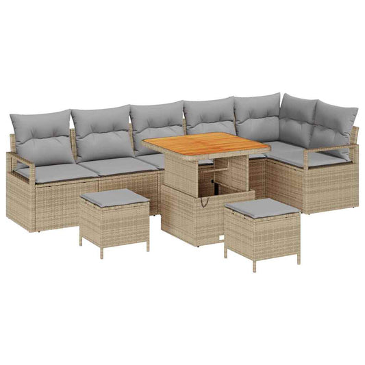 vidaXL Σετ Καναπέ Κήπου με μαξιλάρι 9 pcs Μπεζ Πολυ ράταν