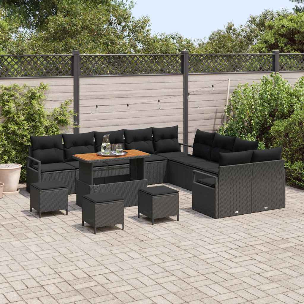 vidaXL 14 Piece Garden Sofa Set with Cushions Black Poly Rattan Acacia