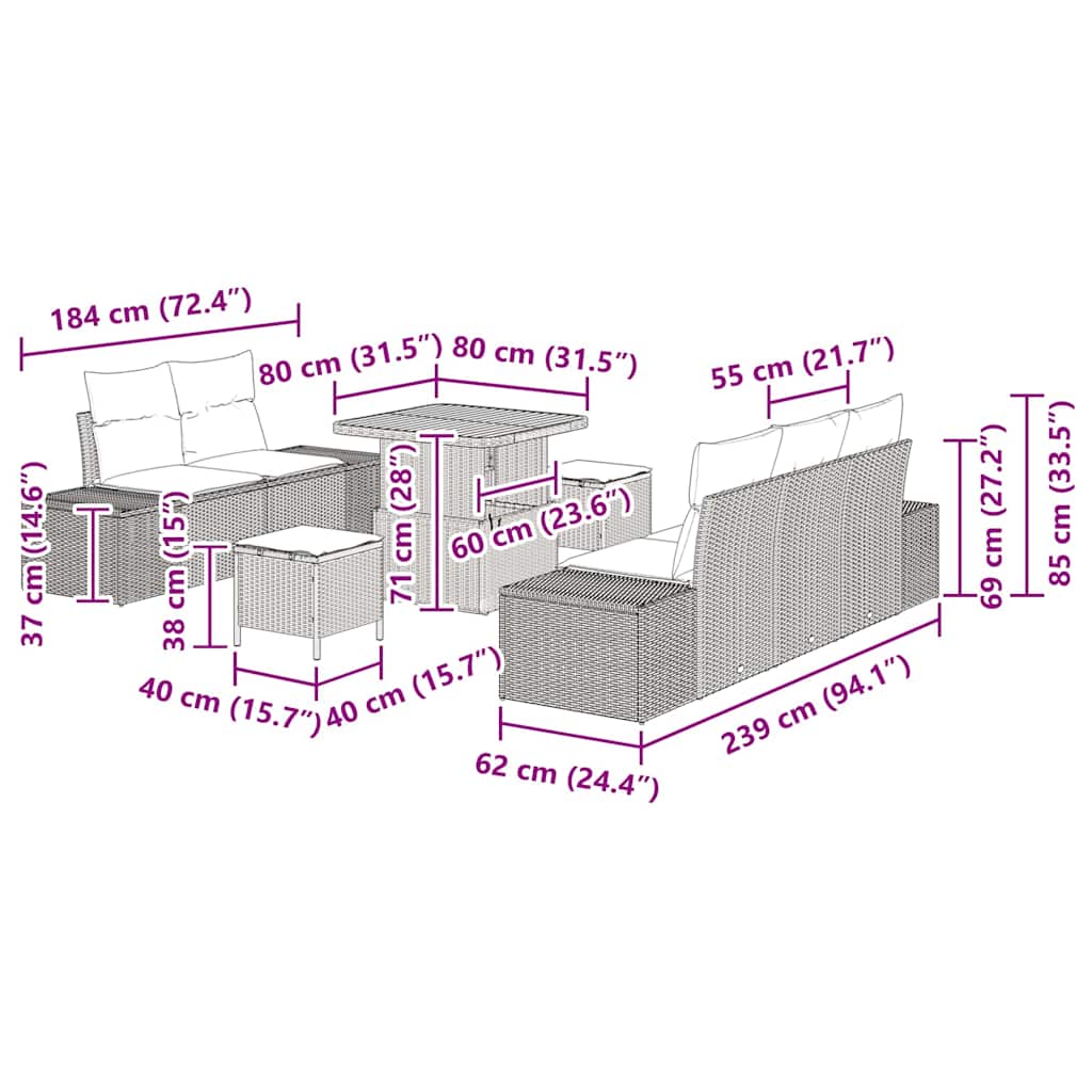 vidaXL Σετ Καναπέ Κήπου με μαξιλάρι 8 pcs Μαύρο Πολυ ράταν