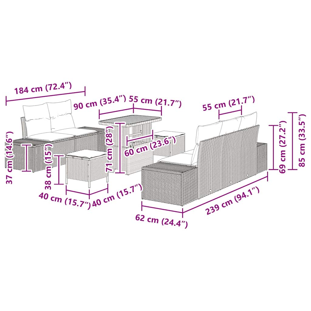 vidaXL Σετ Καναπέ Κήπου με μαξιλάρι 8 pcs Μπεζ Πολυ ράταν