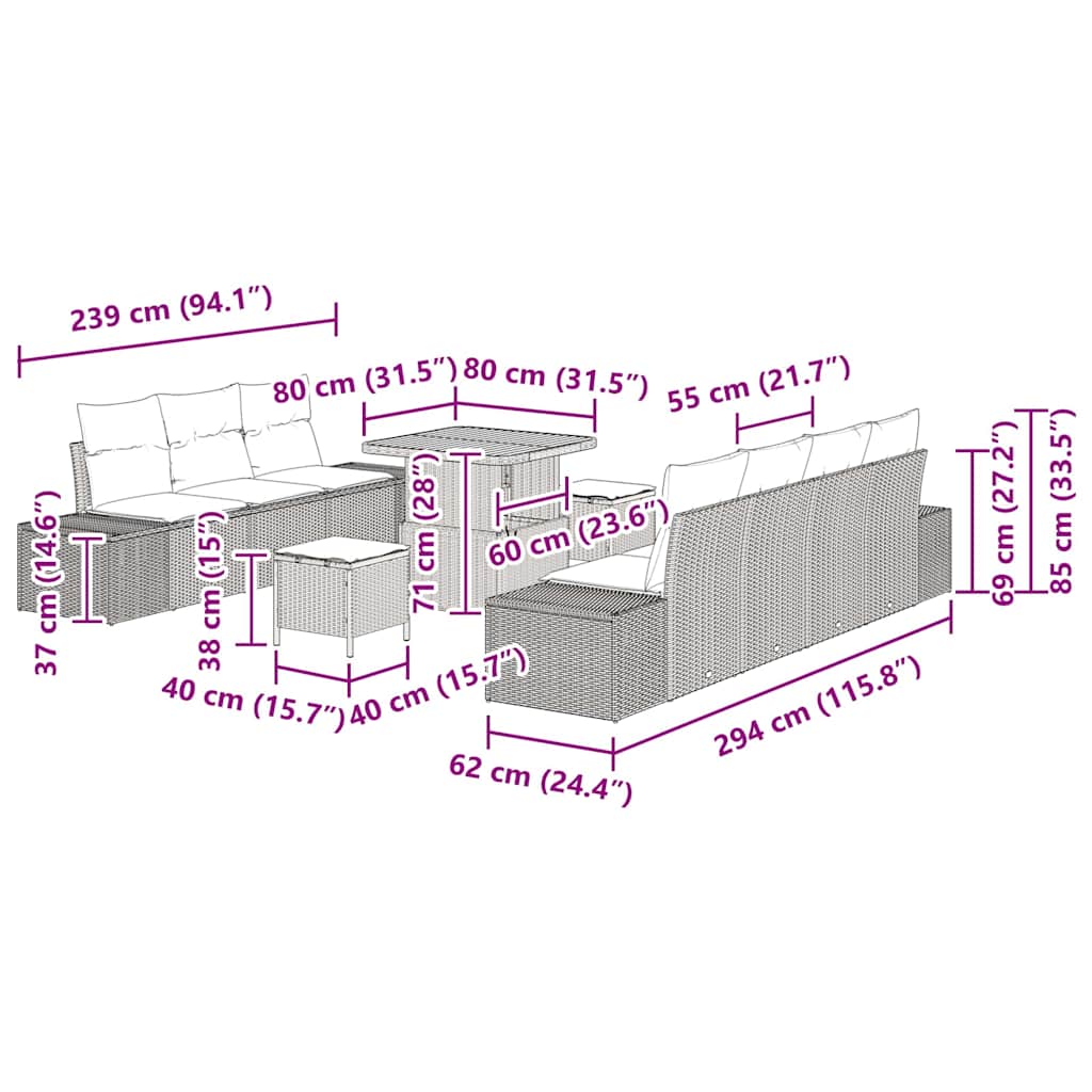 vidaXL Σετ Καναπέ Κήπου με μαξιλάρι 10 pcs Μαύρο Πολυ ράταν
