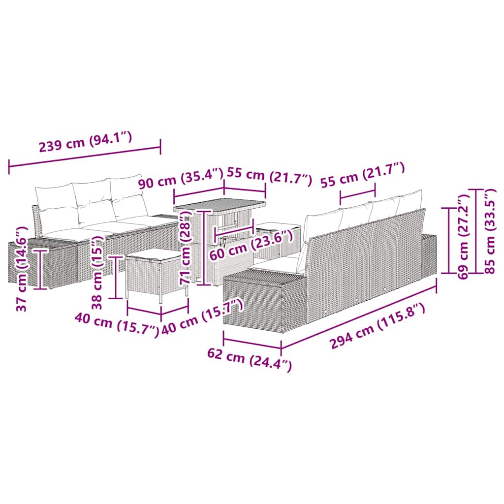 vidaXL Σετ Καναπέ Κήπου με μαξιλάρι 10 pcs Μπεζ Πολυ ράταν