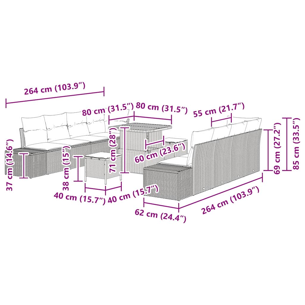 vidaXL Σετ Κήπου 11 Κομματιών με Μαξιλάρια Μπεζ Πολυ Ράταν Ακακία