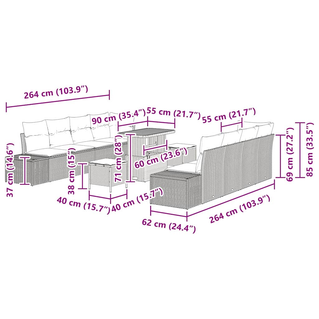 vidaXL Σετ καναπέ 11 τεμαχίων κήπου με μαξιλάρια Μπεζ Πολυρατάν Ακακία