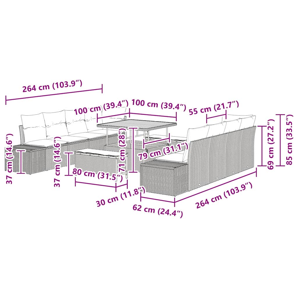 vidaXL Σετ Καναπέ Κήπου με μαξιλάρι 11 pcs Μπεζ Πολυ ράταν