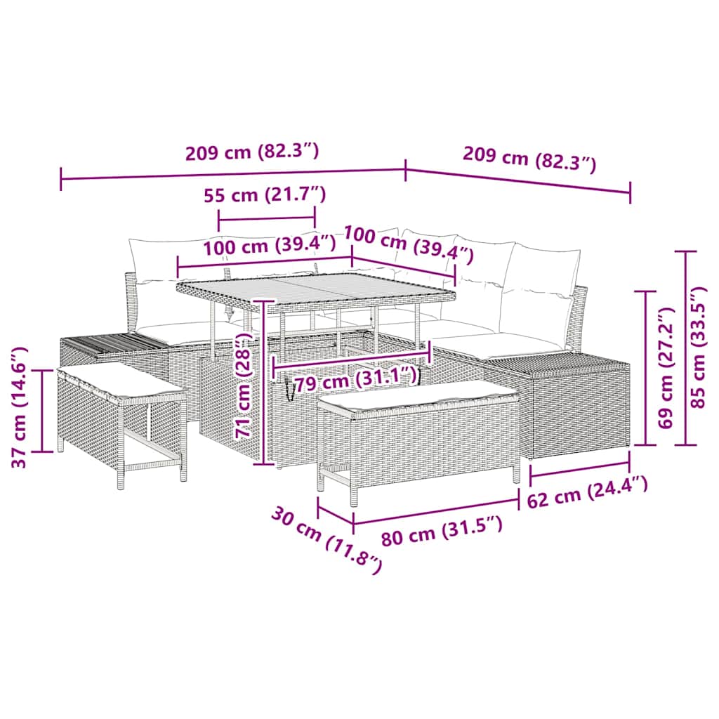 vidaXL Σετ Καναπέ Κήπου με μαξιλάρι 8 pcs Μπεζ Πολυ ράταν