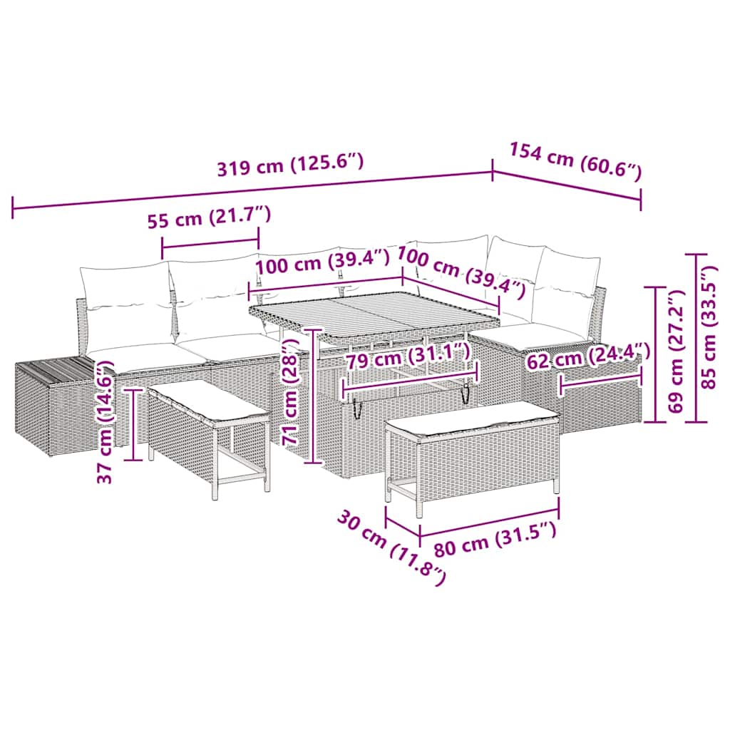 vidaXL Σετ Καναπέ Κήπου με μαξιλάρι 9 pcs Γκρι Πολυ ράταν