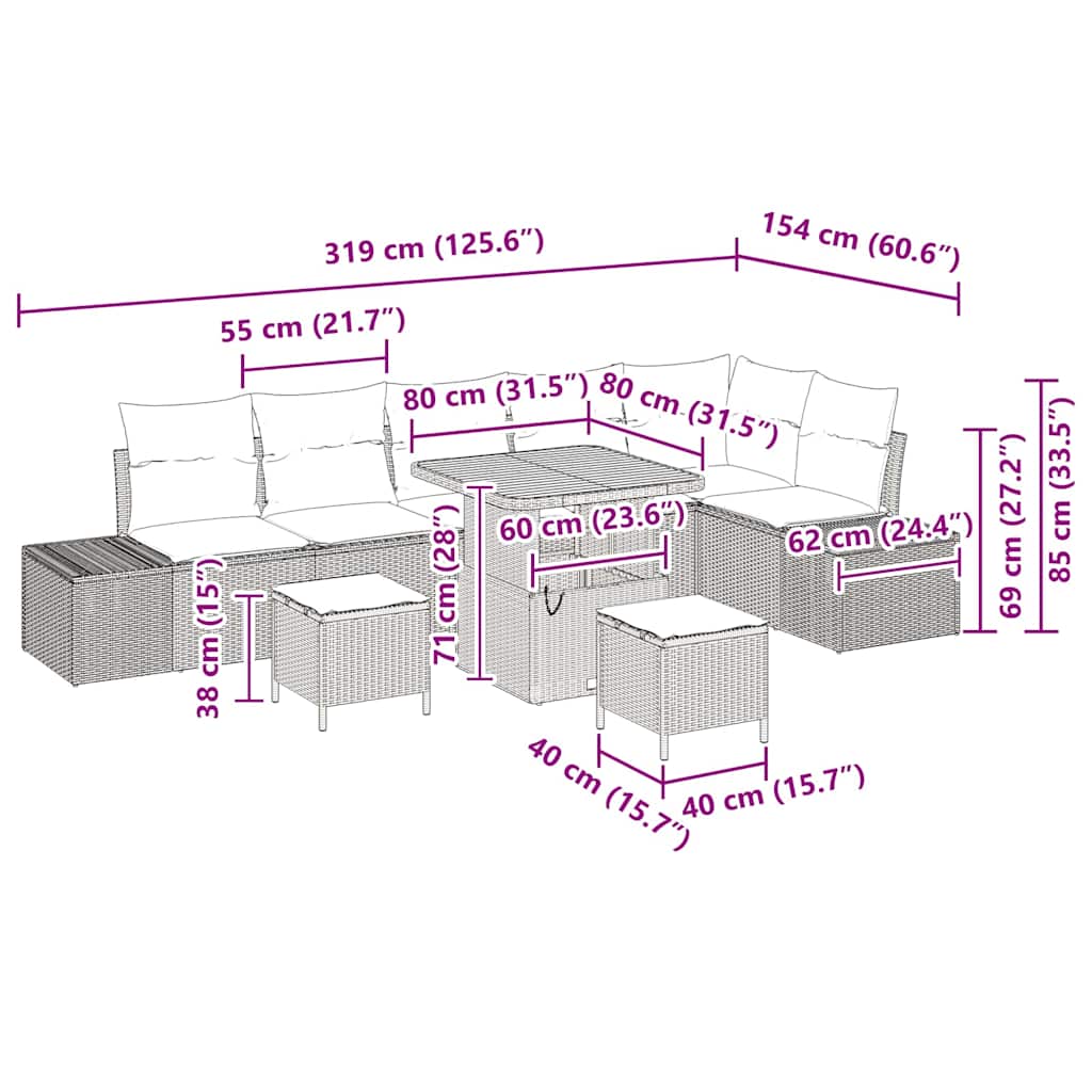 vidaXL Σετ Σαλονιού Κήπου 9 Τεμαχίων με Μαξιλάρια Μπεζ Πολυ Ρατάν
