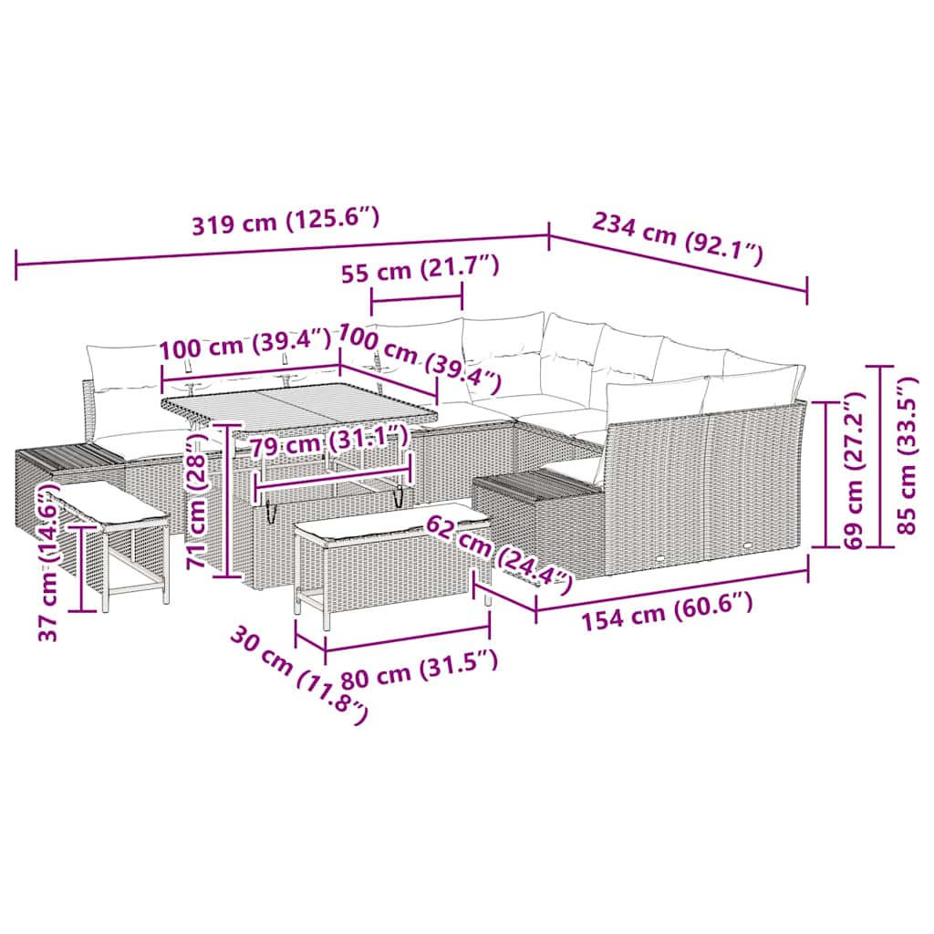vidaXL Σετ Σαλονιού 12 Τεμαχίων Κήπου με Μαξιλάρια σε Μπεζ Πολυ Ρατάν