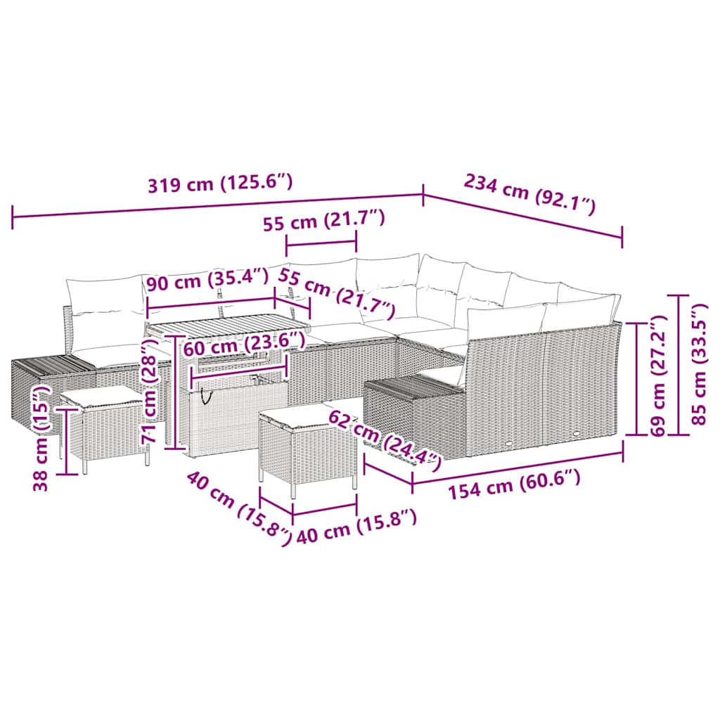vidaXL 12 κομμάτια Σετ καναπέ κήπου με μαξιλάρια Μπεζ Πολυ Ρατάν Ακακία