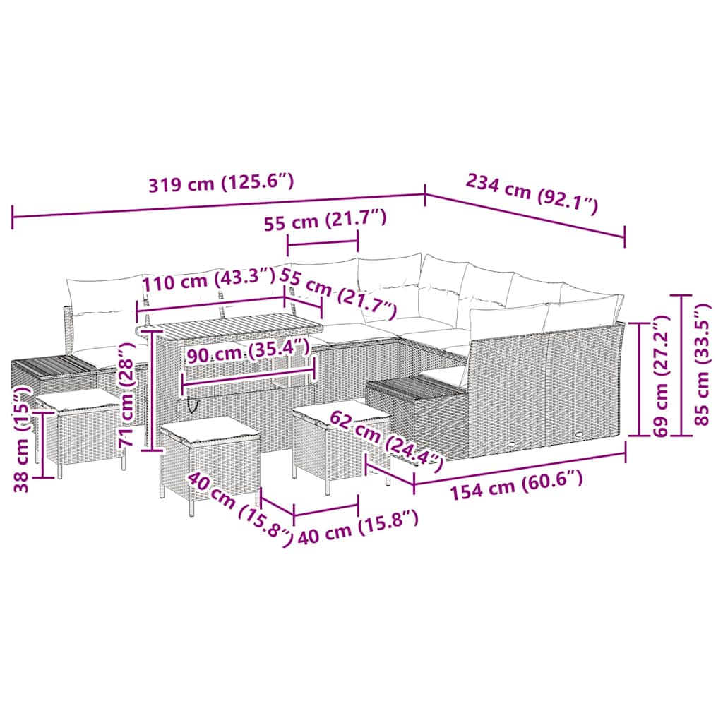 vidaXL Σετ 13 Τεμαχίων Καναπέ Κήπου με Μαξιλάρια Μαύρο Πολυ Ρατάν Ακακία