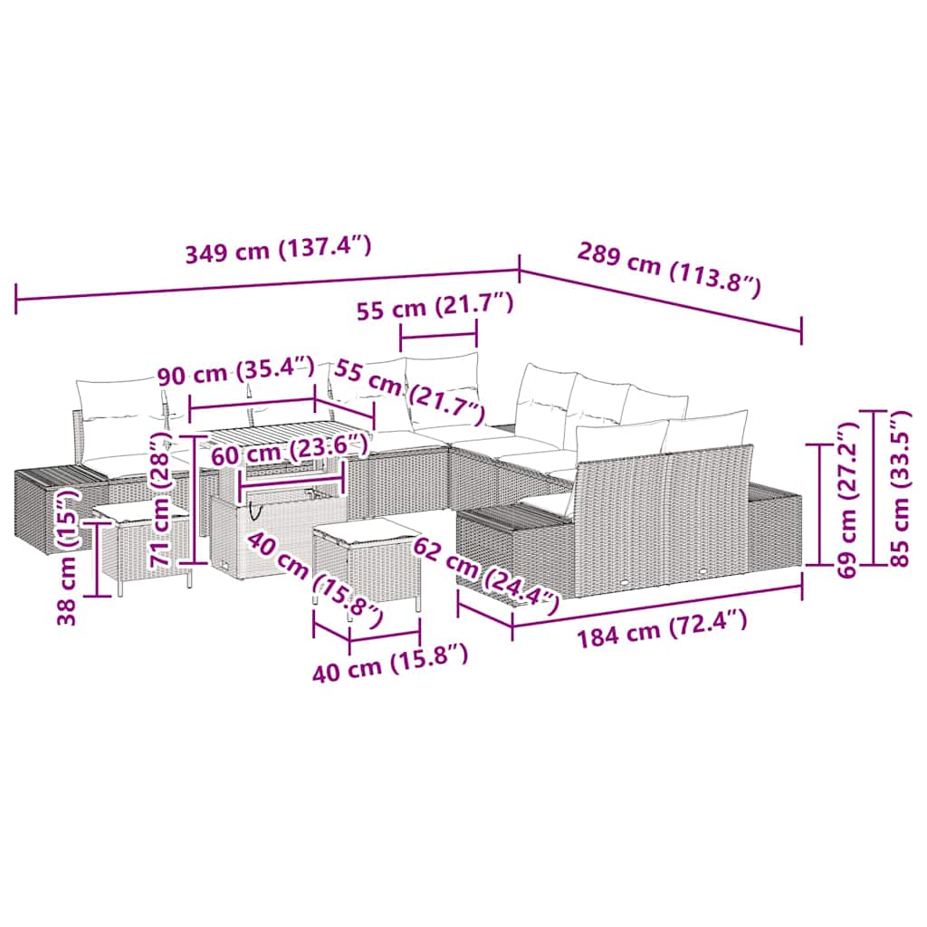 σετ καναπέ κήπου vidaXL 13 κομματιών με μαξιλάρια Μαύρο Συνθετικό Ρατάν