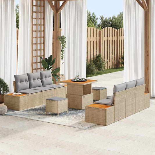 vidaXL 9 Piece Garden Sofa Set with Cushions Beige Poly Rattan Acacia