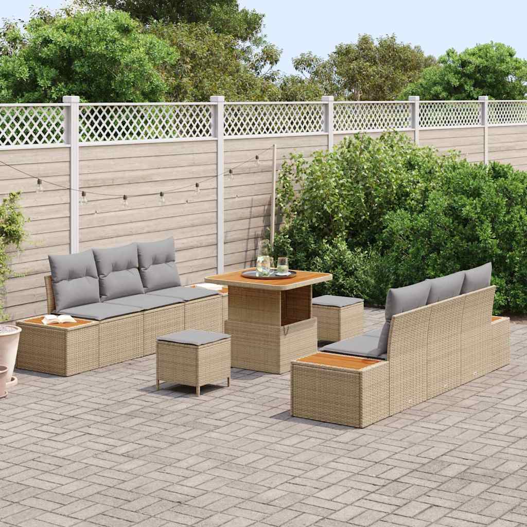 vidaXL 9 Piece Garden Sofa Set with Cushions Beige Poly Rattan Acacia