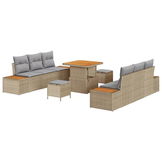 vidaXL 9 Piece Garden Sofa Set with Cushions Beige Poly Rattan Acacia