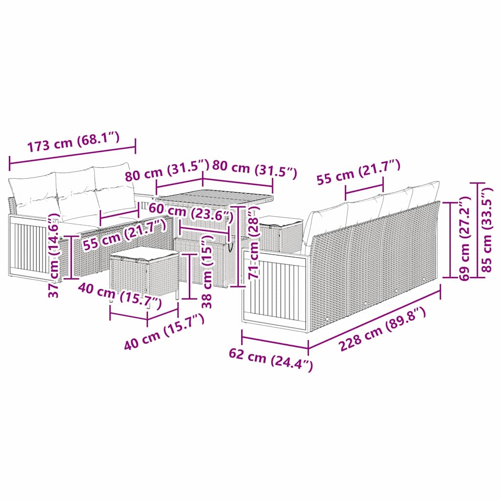 vidaXL Σετ Καναπέ Κήπου με μαξιλάρι με αποθήκευση 10 pcs Γκρι