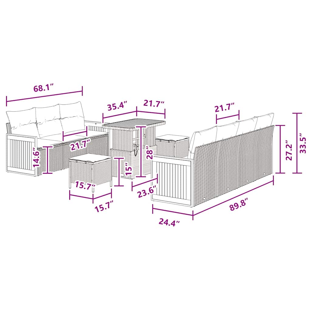 vidaXL Σετ Σαλονιού Κήπου 10 κομματιών με Μαξιλάρια Μαύρο Πολυ Ράτανα