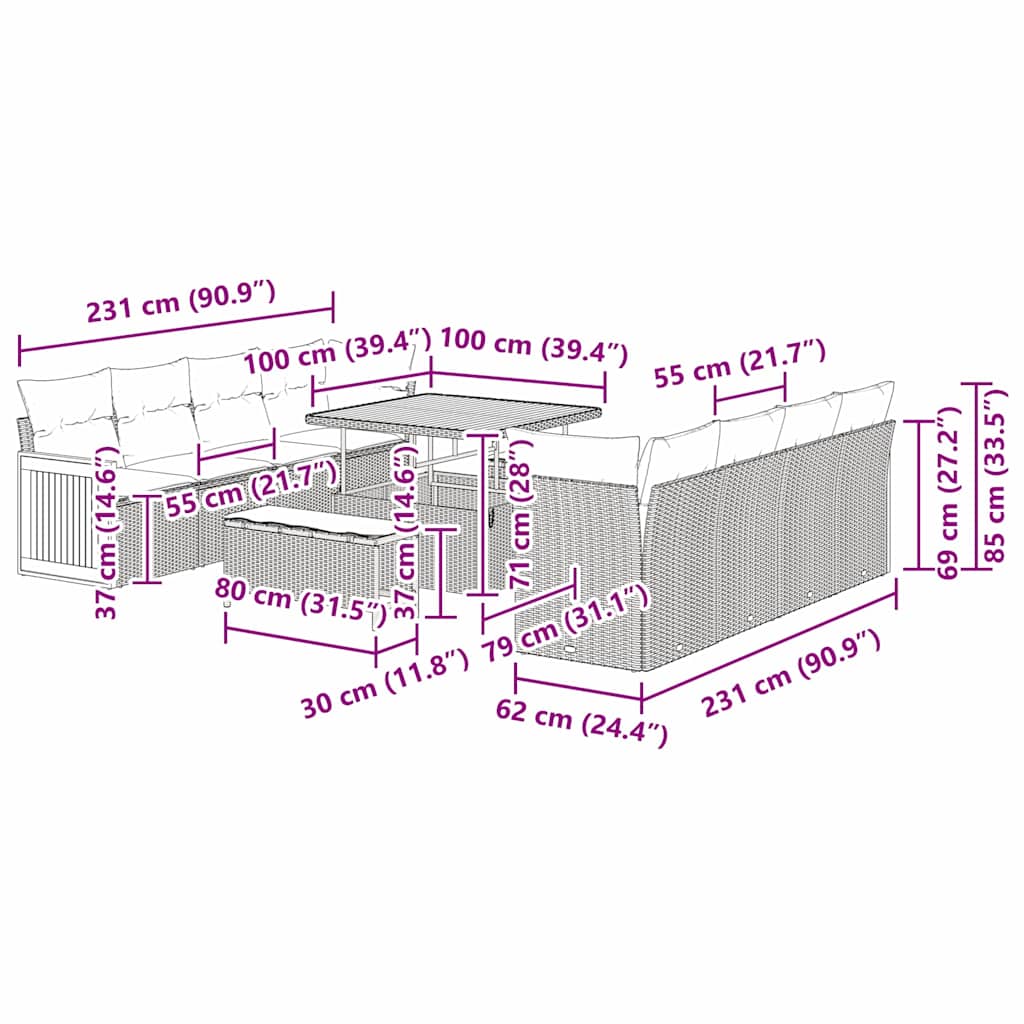 vidaXL Σετ καναπέ κήπου 11 τεμαχίων με μαξιλάρια Γκρι Πολυ ρατάν Ακακία