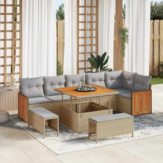 vidaXL 9 Piece Garden Sofa Set with Cushions Beige Poly Rattan Acacia