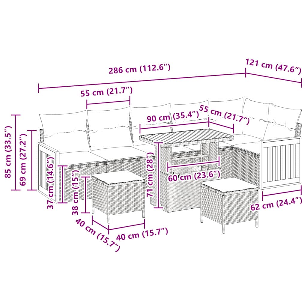 vidaXL 9 κομμάτι Σετ Καναπέ Κήπου με Μαξιλάρια Γκρι Συνθετικό Ρατάν Ακακία