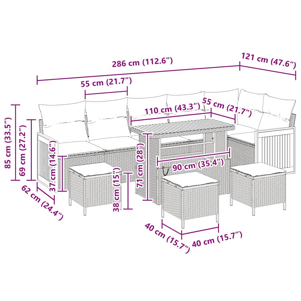 Σετ Σαλονιού Κήπου 10 Τεμαχίων με Μαξιλάρια Μαύρο Πολυ Ράτανο Ακακία