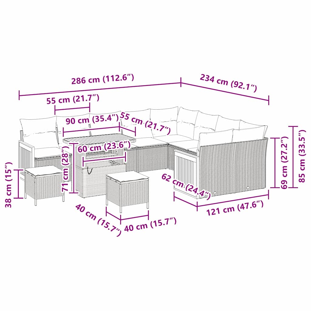 vidaXL Σετ Καναπέ Κήπου με μαξιλάρι 12 pcs Μαύρο 90 x 55 x 71 cm
