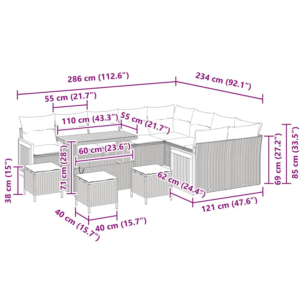 σετ κήπου 13 τεμαχίων vidaXL με μαξιλάρια Μπεζ Πολυ Ρατάν Ακακία
