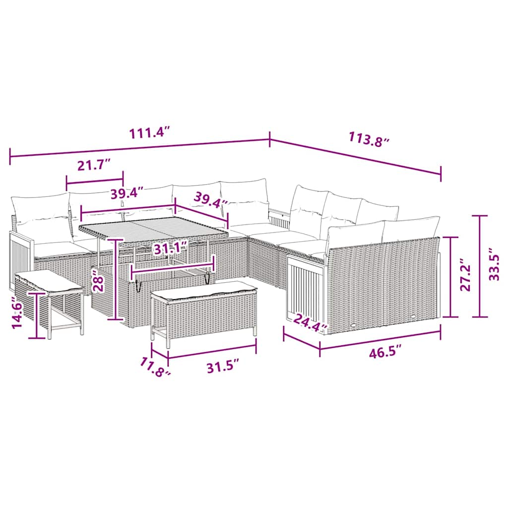 vidaXL Σετ Καναπές Κήπου 13 Τεμαχίων με Μαξιλάρια Μαύρο Πολυ Ράταν Ακακία