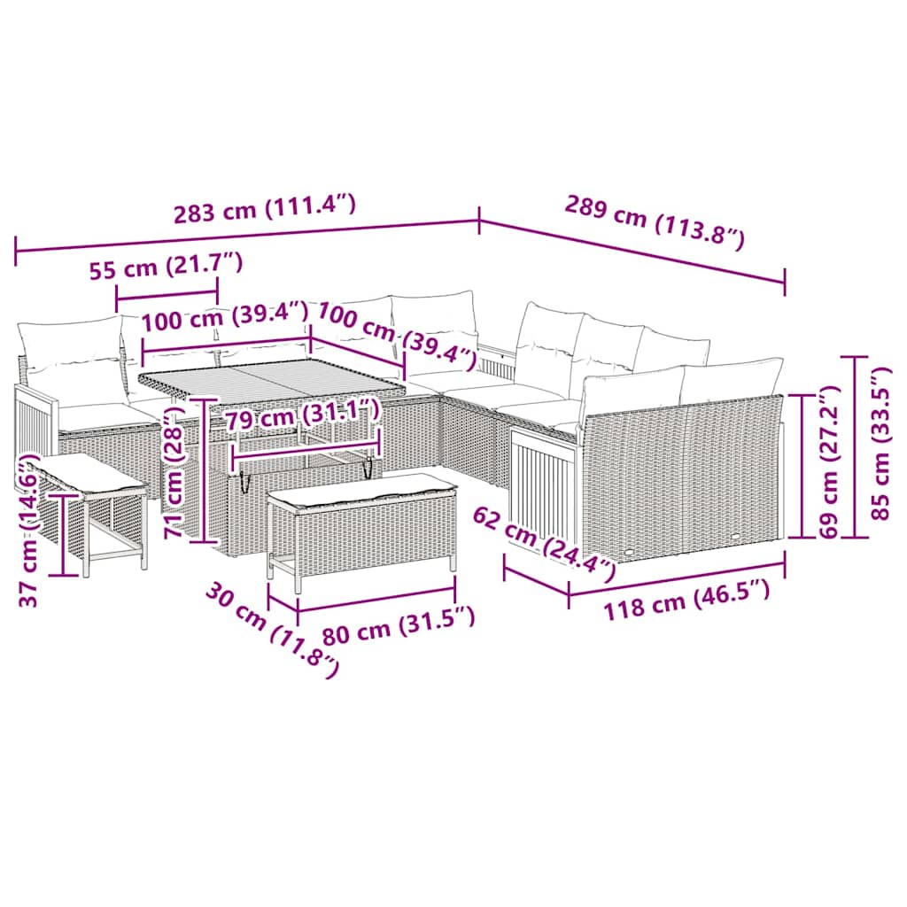 vidaXL Σετ Καναπέ Κήπου με μαξιλάρι 13 pcs Γκρι