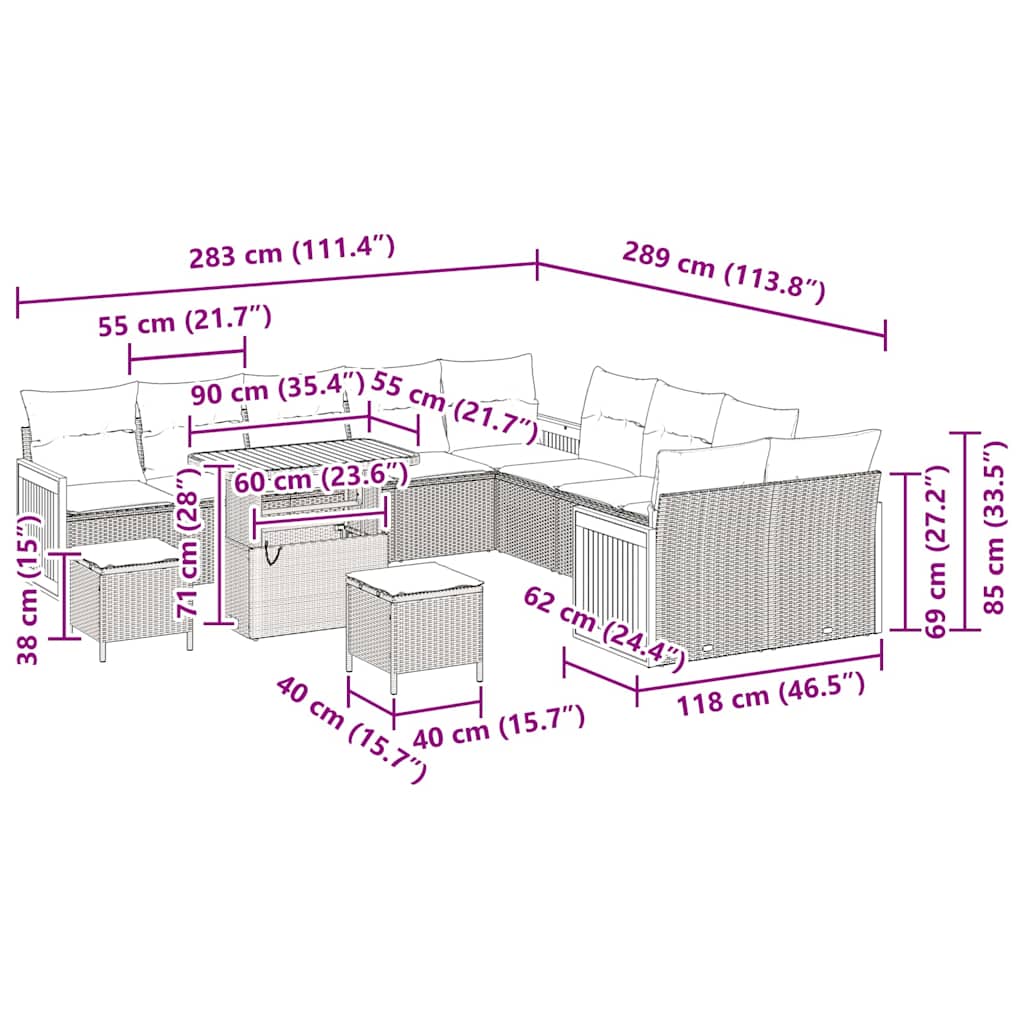 vidaXL Σετ Σαλονιού 13 Τεμαχίων με Μαξιλάρια Μπεζ Πολυ Ρατάν Ακακία
